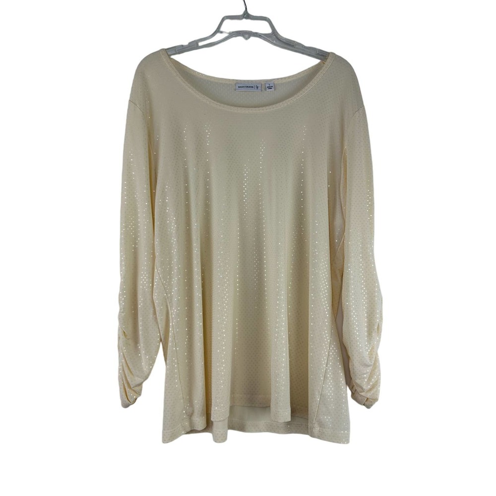 Susan Graver Pullover Top Womens‎ Size L Ivory Sparkly 3/4 Sleeve Round Neck